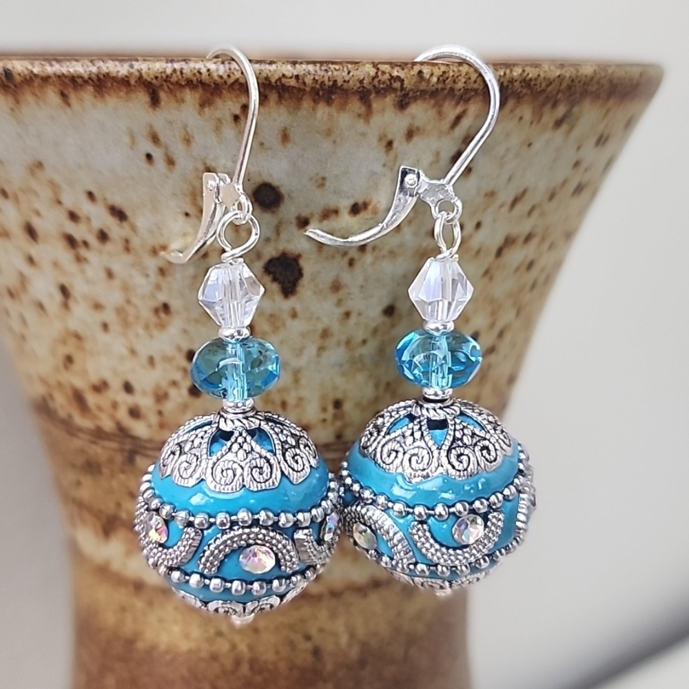 Stunning Turquoise & Silver Dangle Earrings, AB Crystal Accents, Nickel Free‎